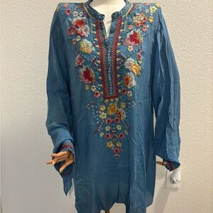 Johnny Was Sky Blue Embroidered Top